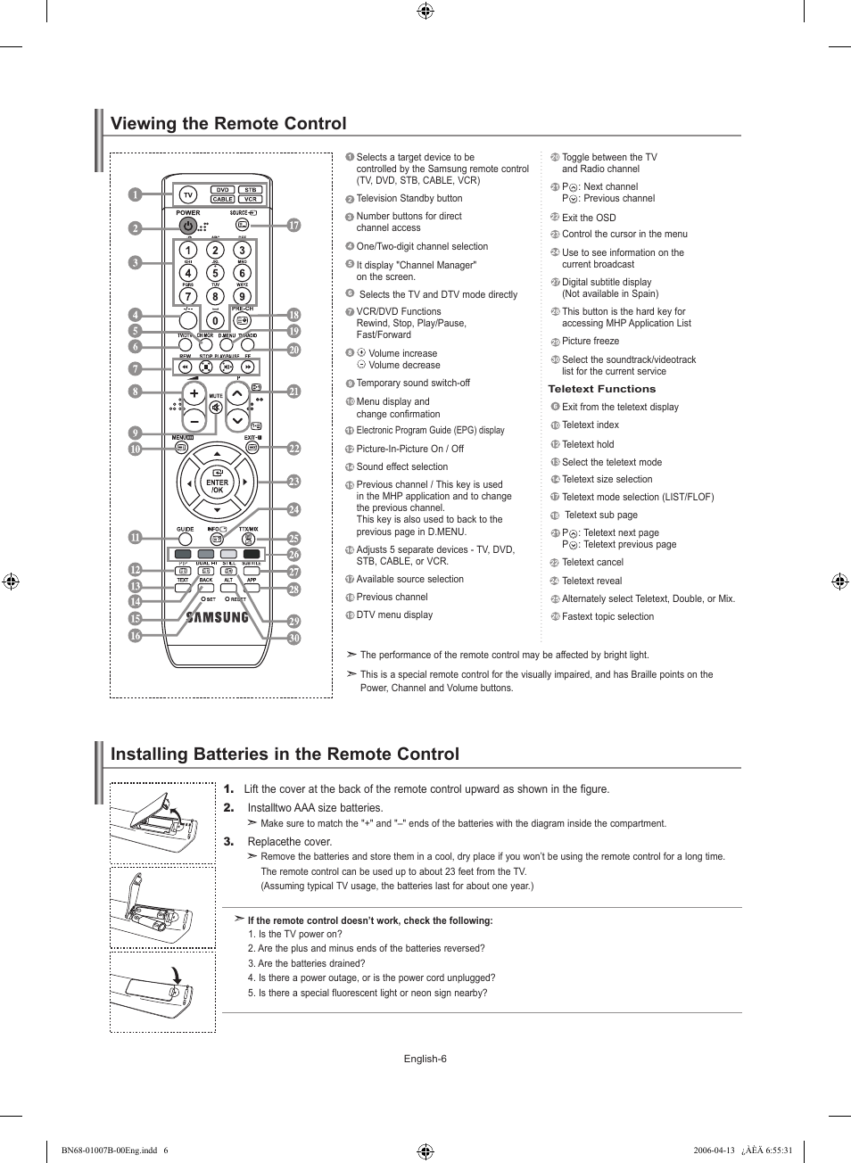 Viewing the rremote control, Installing batteries in the rremote control, Viewing the remote control | Installing batteries in the remote control | Samsung LE40R73BD User Manual | Page 8 / 107