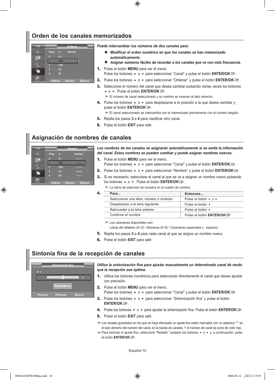 Sintonía fina de la recepción de canales, Asignación de nombres de canales | Samsung LE40R73BD User Manual | Page 82 / 107