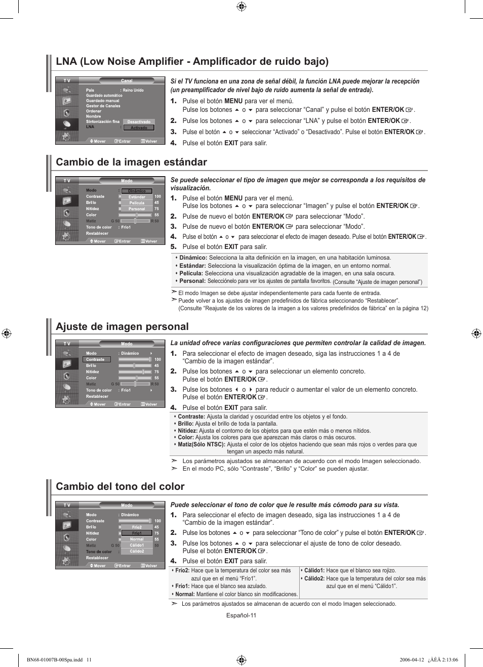 Cambio de la imagen estándar, Ajuste de imagen personal, Cambio del tono del color | Samsung LE40R73BD User Manual | Page 83 / 107