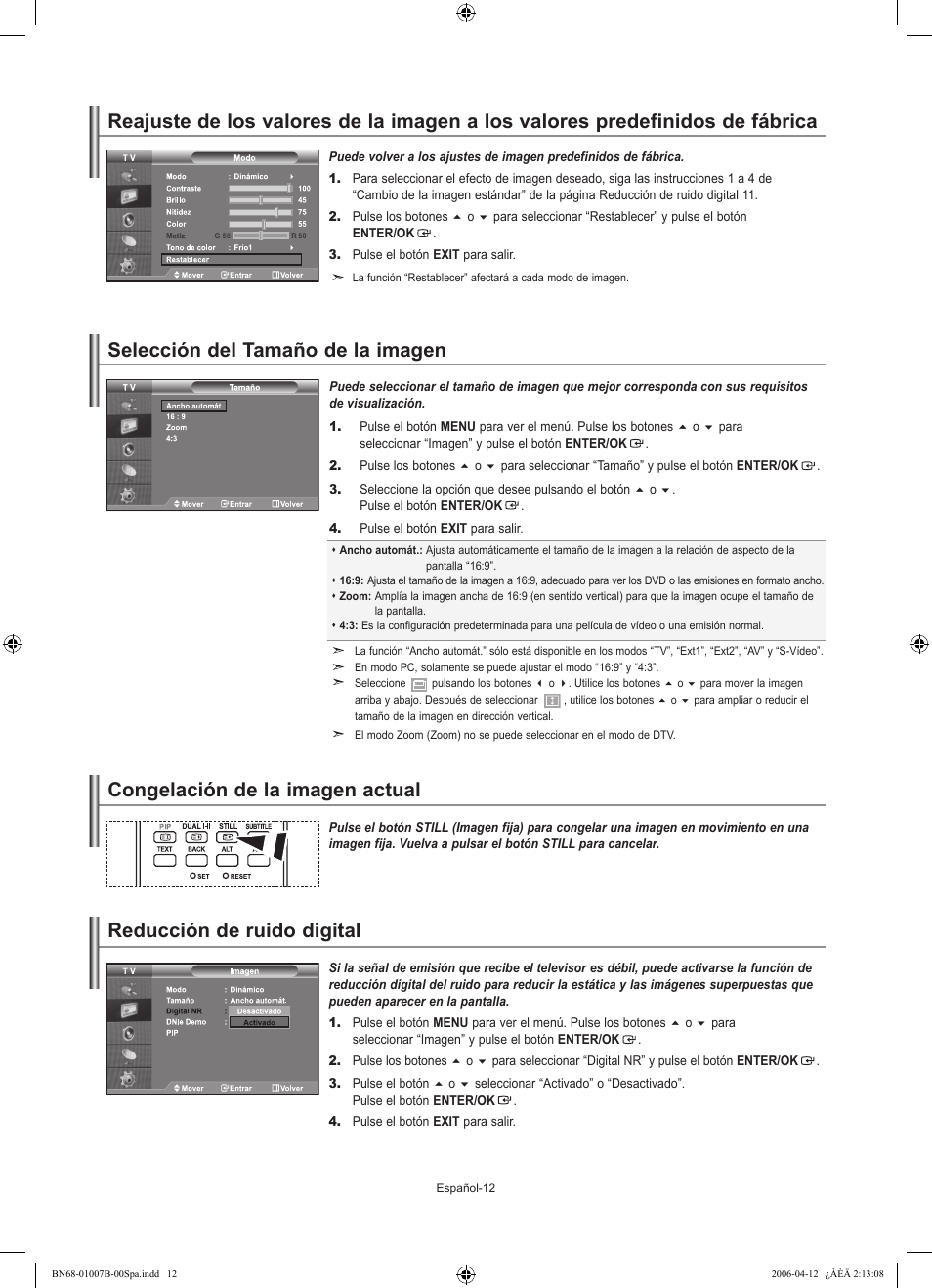 Congelación de la imagen actual, Reducción de ruido digital | Samsung LE40R73BD User Manual | Page 84 / 107