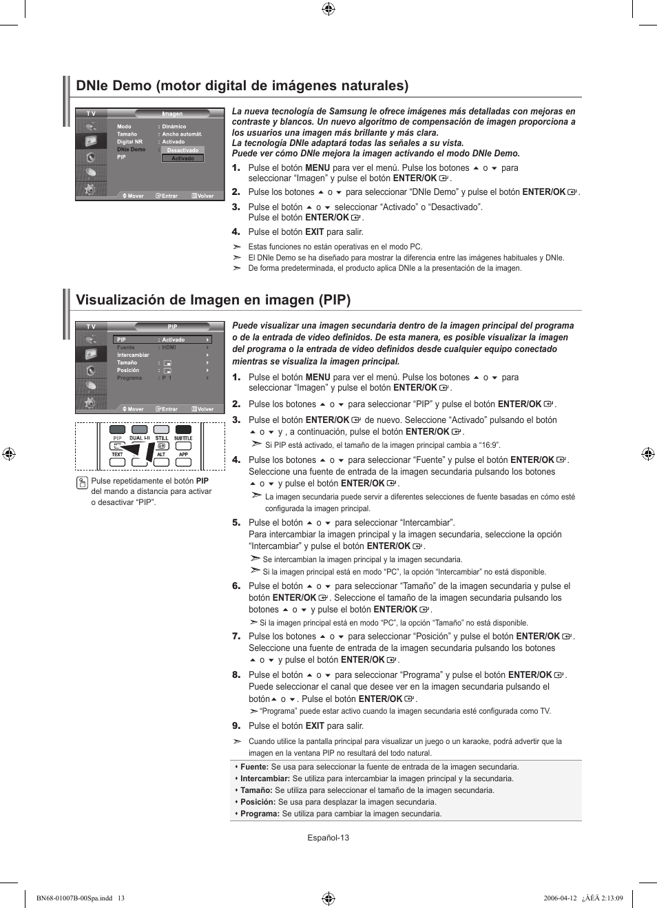 Dnie demo (motor digital de imágenes naturales), Visualización de imagen en imagen (pip) | Samsung LE40R73BD User Manual | Page 85 / 107