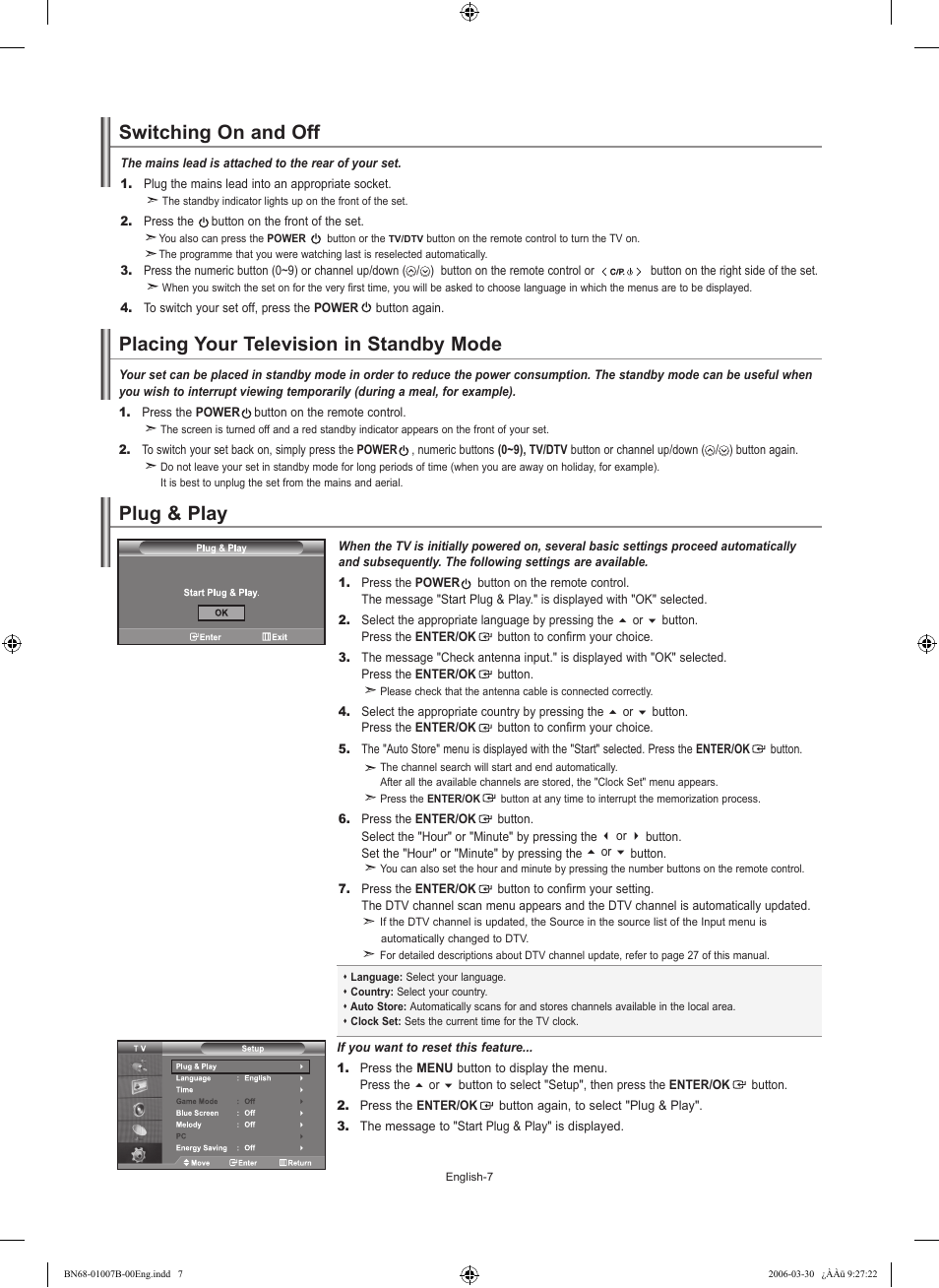 Switching oon and ooff, Placing your television in standby mode, Plug & play | Switching on and off | Samsung LE40R73BD User Manual | Page 9 / 107