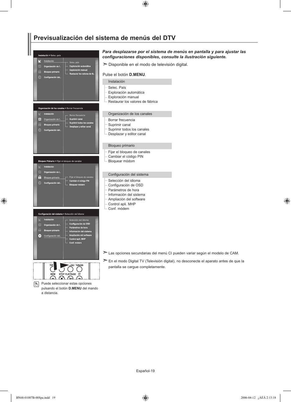 Previsualización del sistema de menús del dtv | Samsung LE40R73BD User Manual | Page 91 / 107