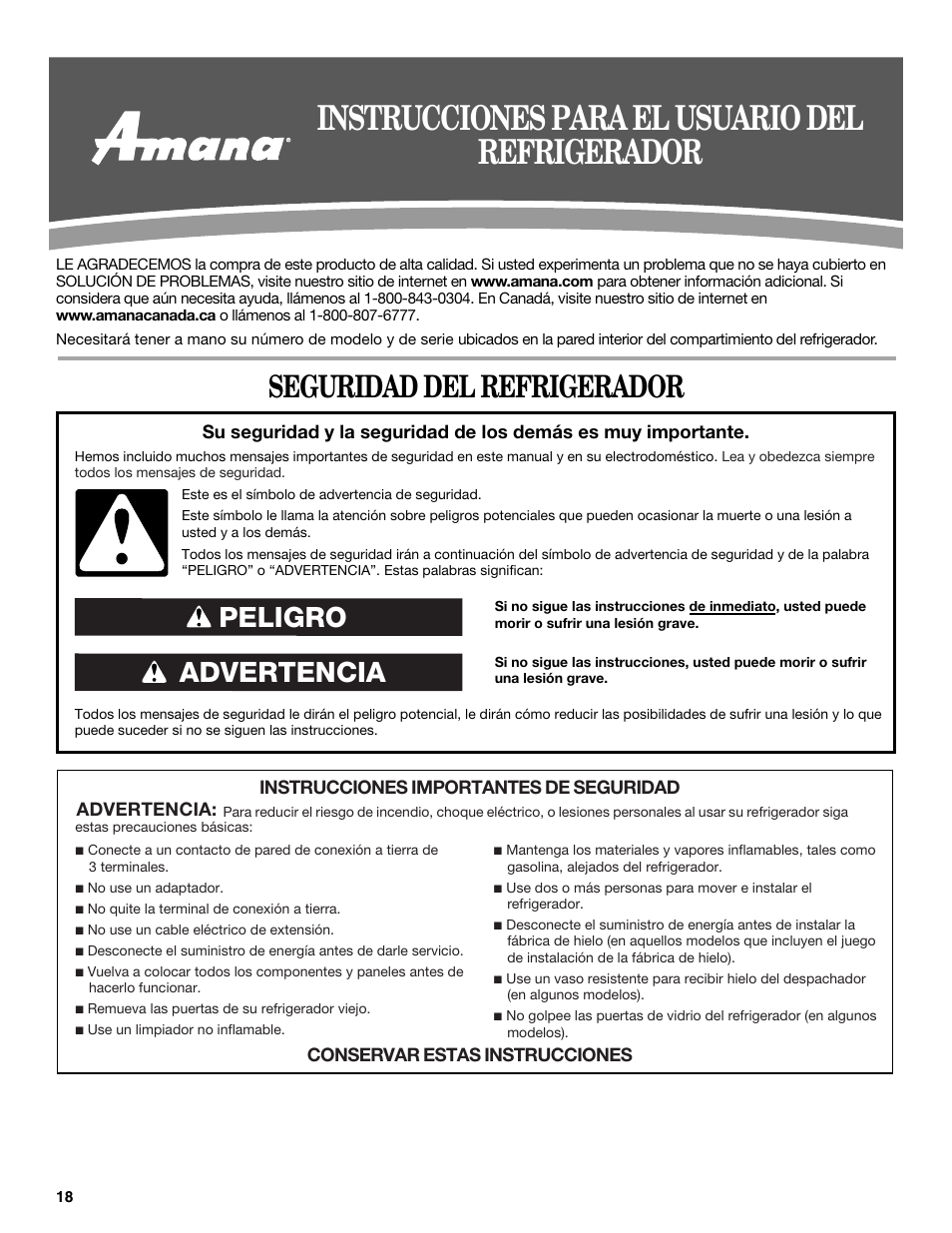 Instrucciones para el usuario del refrigerador, Seguridad del refrigerador, Advertencia peligro | Amana W10321485A User Manual | Page 18 / 54