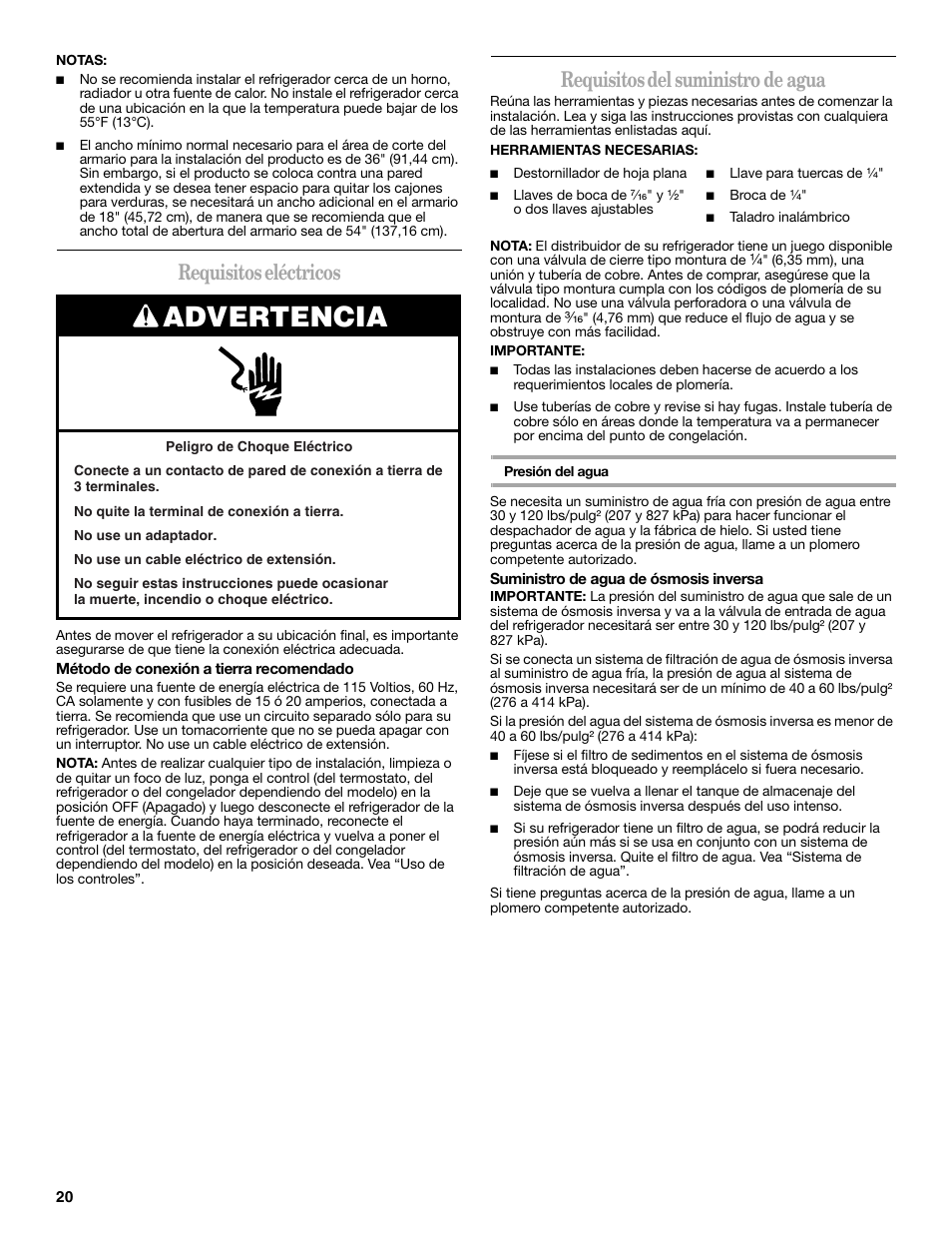 Advertencia, Requisitos eléctricos, Requisitos del suministro de agua | Amana W10321485A User Manual | Page 20 / 54