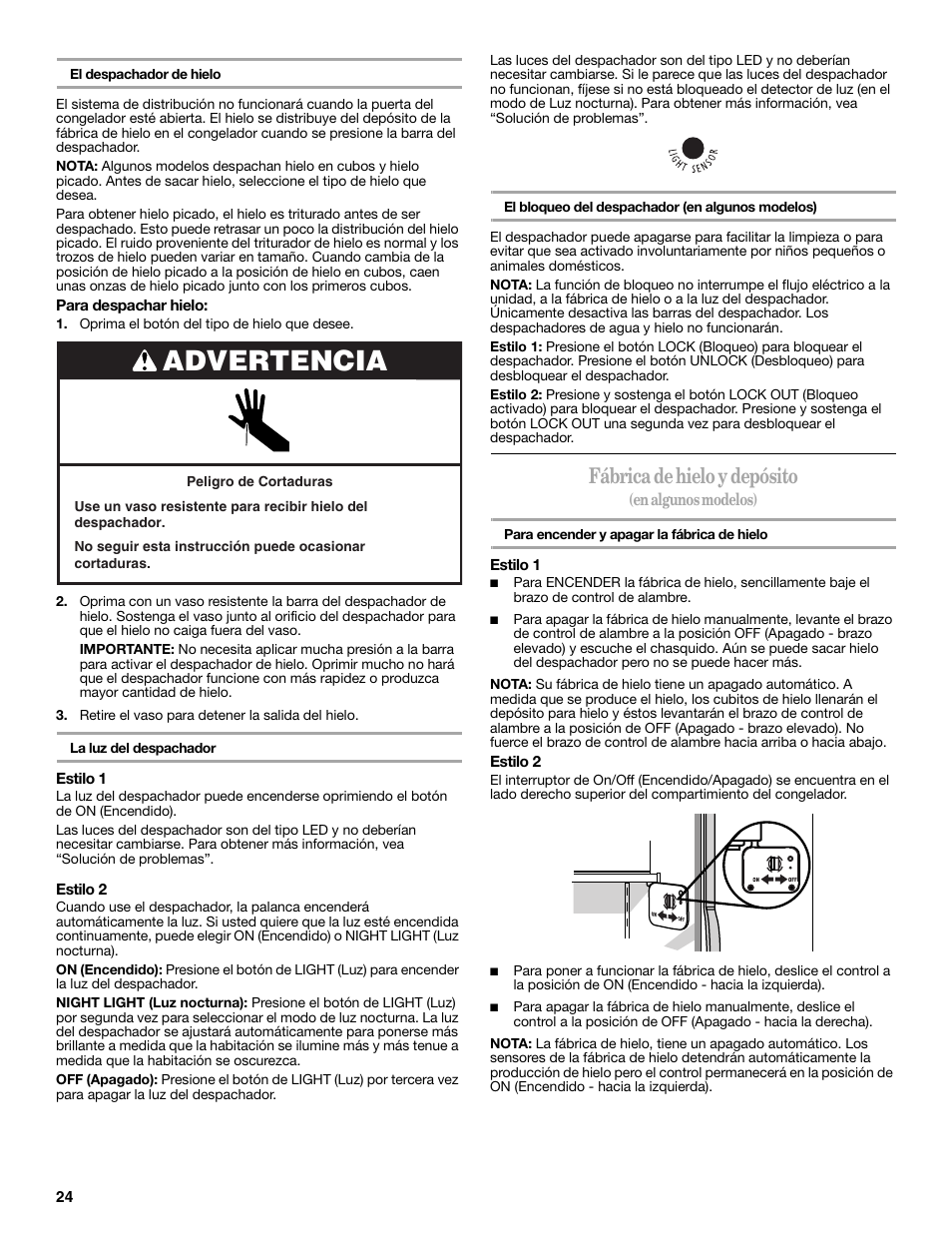 Advertencia, Fábrica de hielo y depósito | Amana W10321485A User Manual | Page 24 / 54