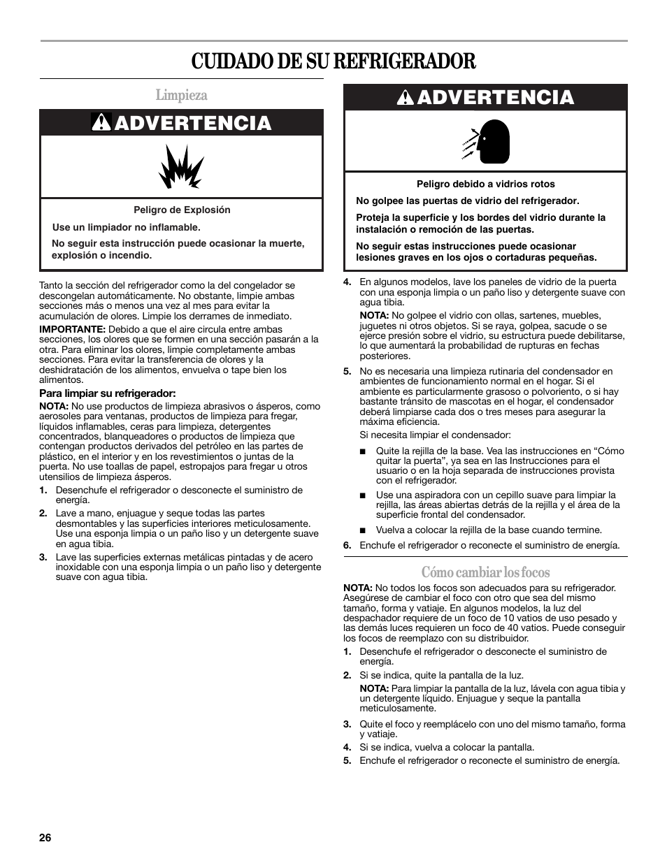 Cuidado de su refrigerador, Advertencia, Limpieza | Cómo cambiar los focos | Amana W10321485A User Manual | Page 26 / 54