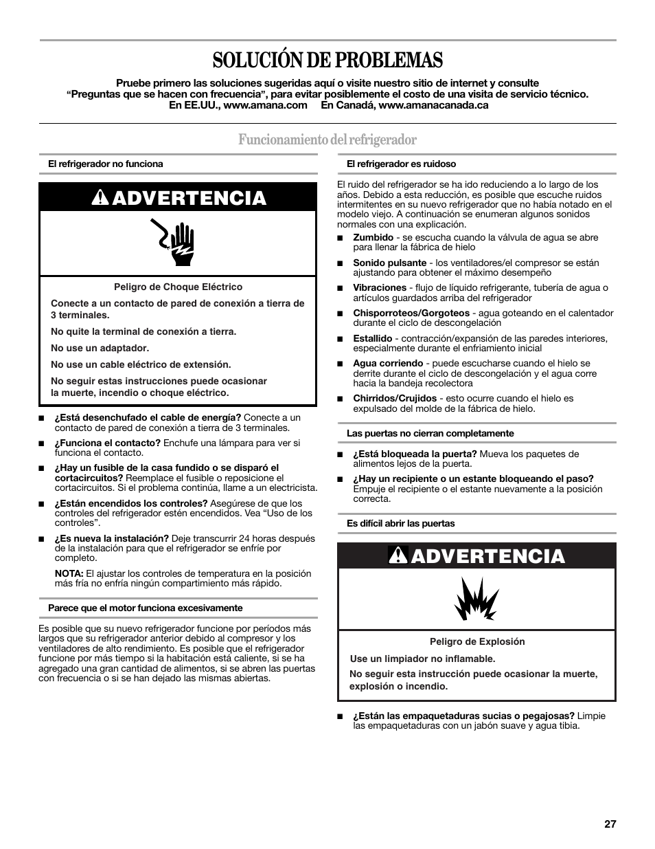 Solución de problemas, Advertencia, Funcionamiento del refrigerador | Amana W10321485A User Manual | Page 27 / 54