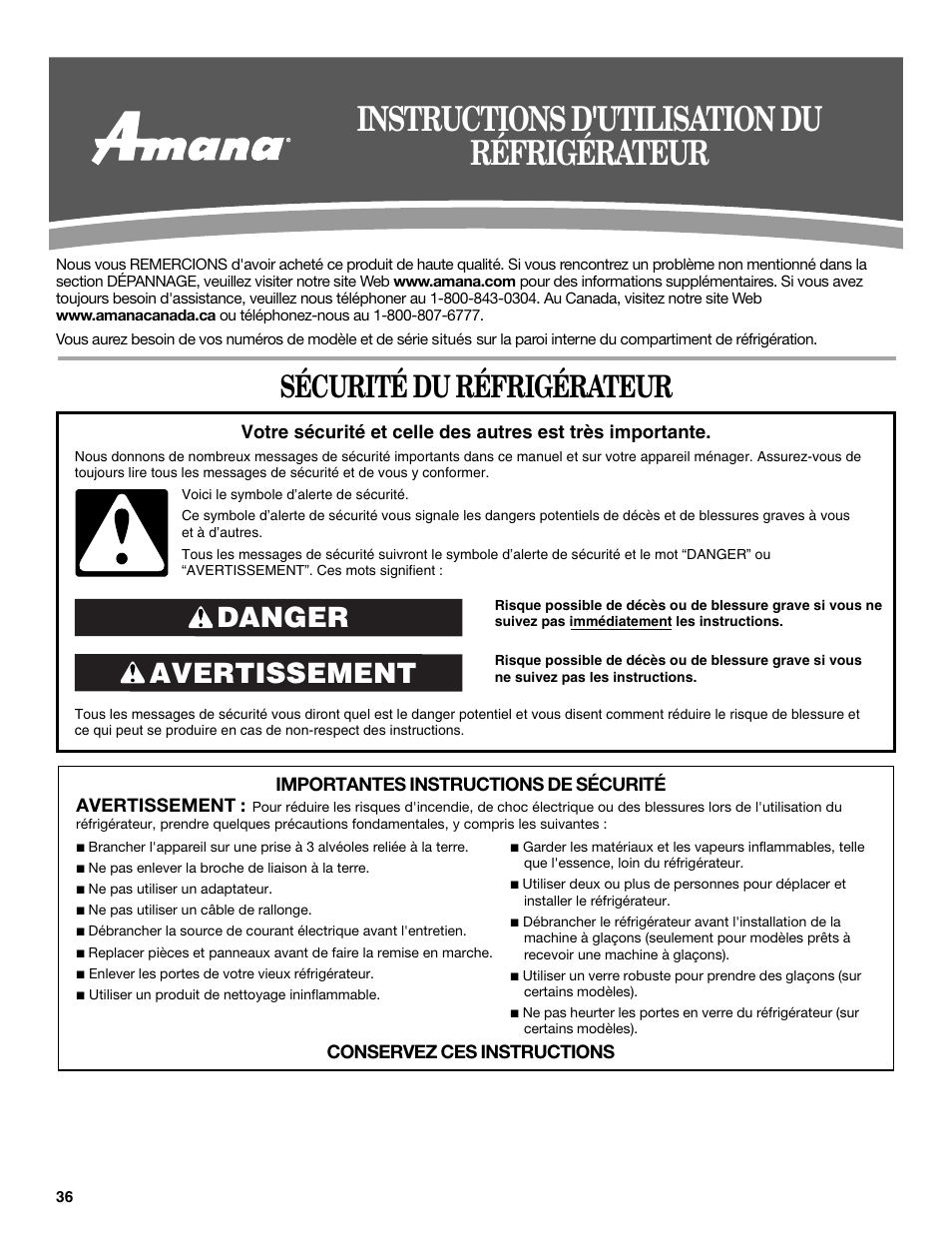 Instructions d'utilisation du réfrigérateur, Sécurité du réfrigérateur, Avertissement danger | Amana W10321485A User Manual | Page 36 / 54