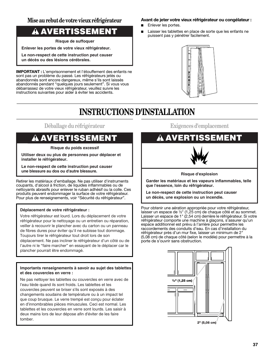Instructions d'installation, Avertissement, Déballage du réfrigérateur | Exigences d'emplacement, Mise au rebut de votre vieux réfrigérateur | Amana W10321485A User Manual | Page 37 / 54