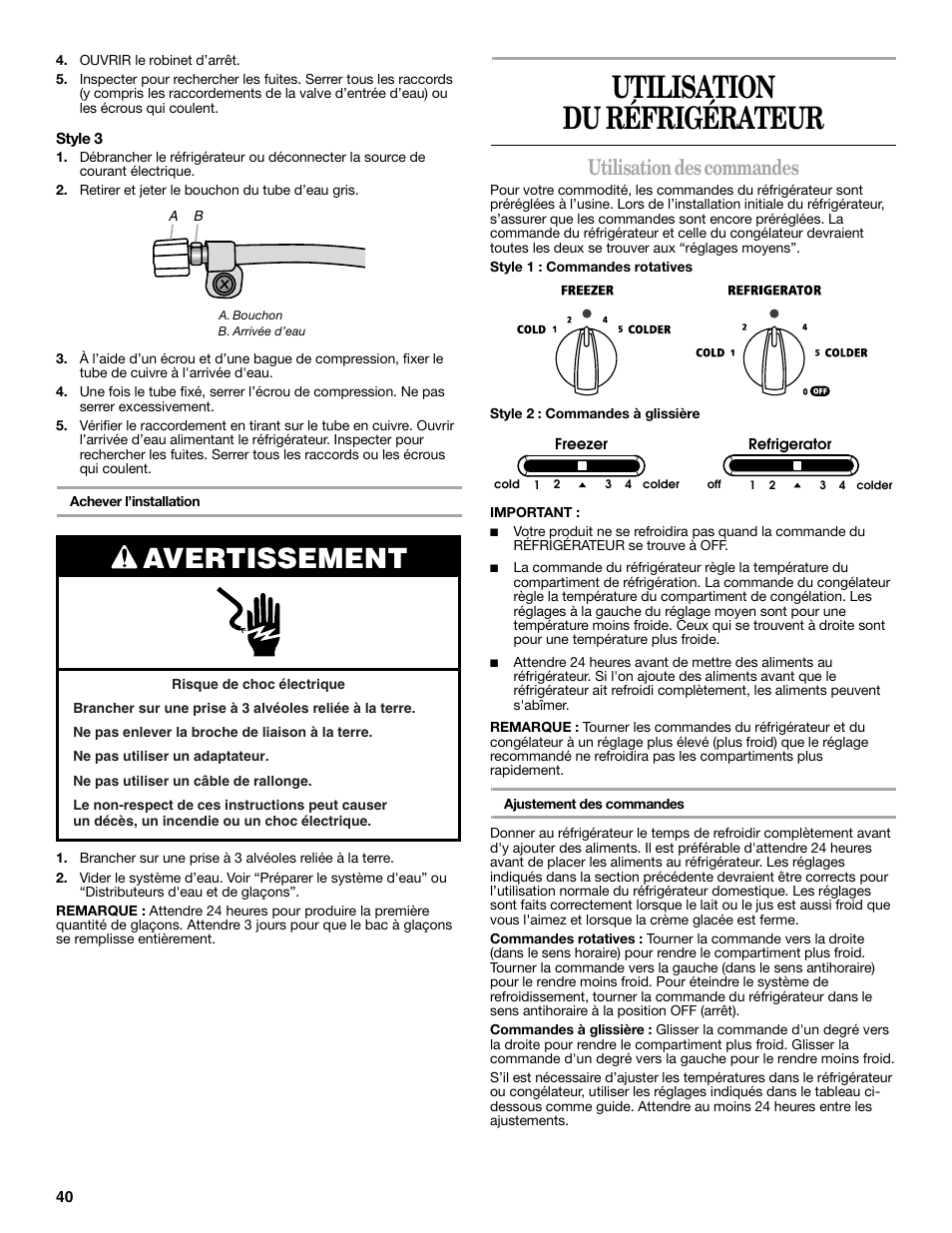 Utilisation du réfrigérateur, Avertissement, Utilisation des commandes | Amana W10321485A User Manual | Page 40 / 54