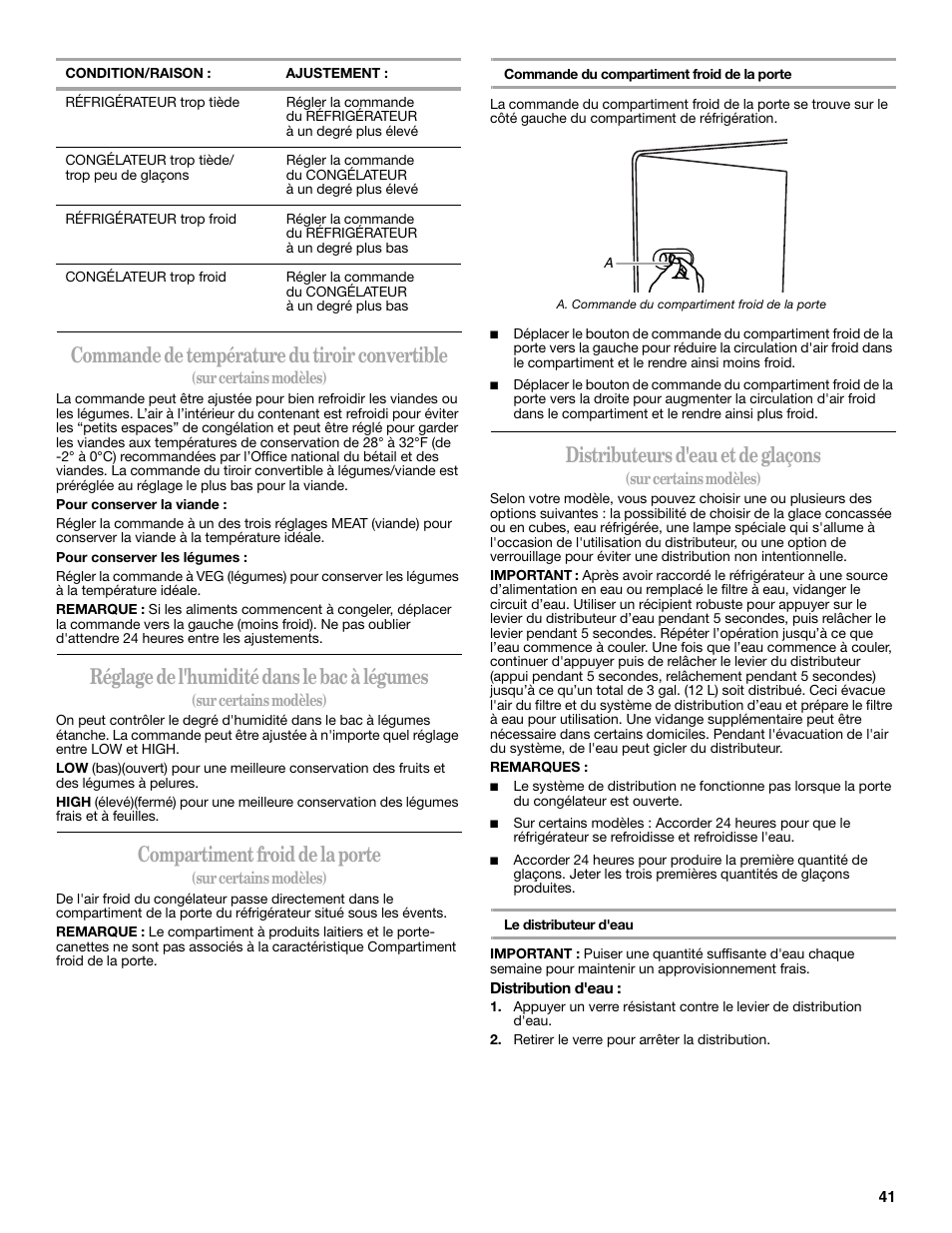 Commande de température du tiroir convertible, Réglage de l'humidité dans le bac à légumes, Compartiment froid de la porte | Distributeurs d'eau et de glaçons | Amana W10321485A User Manual | Page 41 / 54