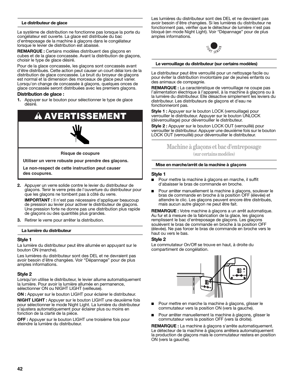 Avertissement, Machine à glaçons et bac d'entreposage | Amana W10321485A User Manual | Page 42 / 54