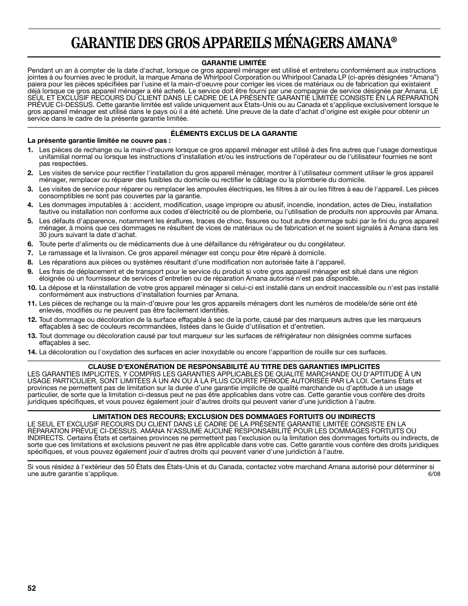 Garantie des gros appareils ménagers amana | Amana W10321485A User Manual | Page 52 / 54