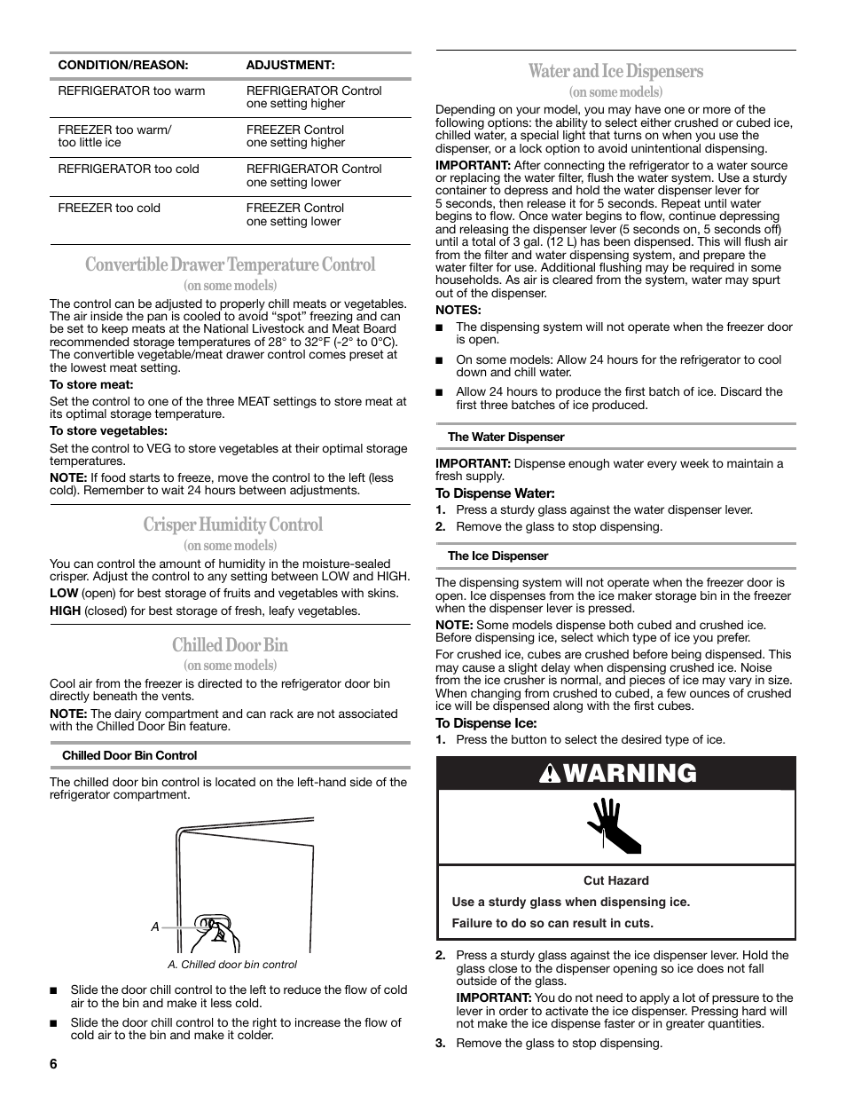 Warning, Convertible drawer temperature control, Crisper humidity control | Chilled door bin, Water and ice dispensers | Amana W10321485A User Manual | Page 6 / 54