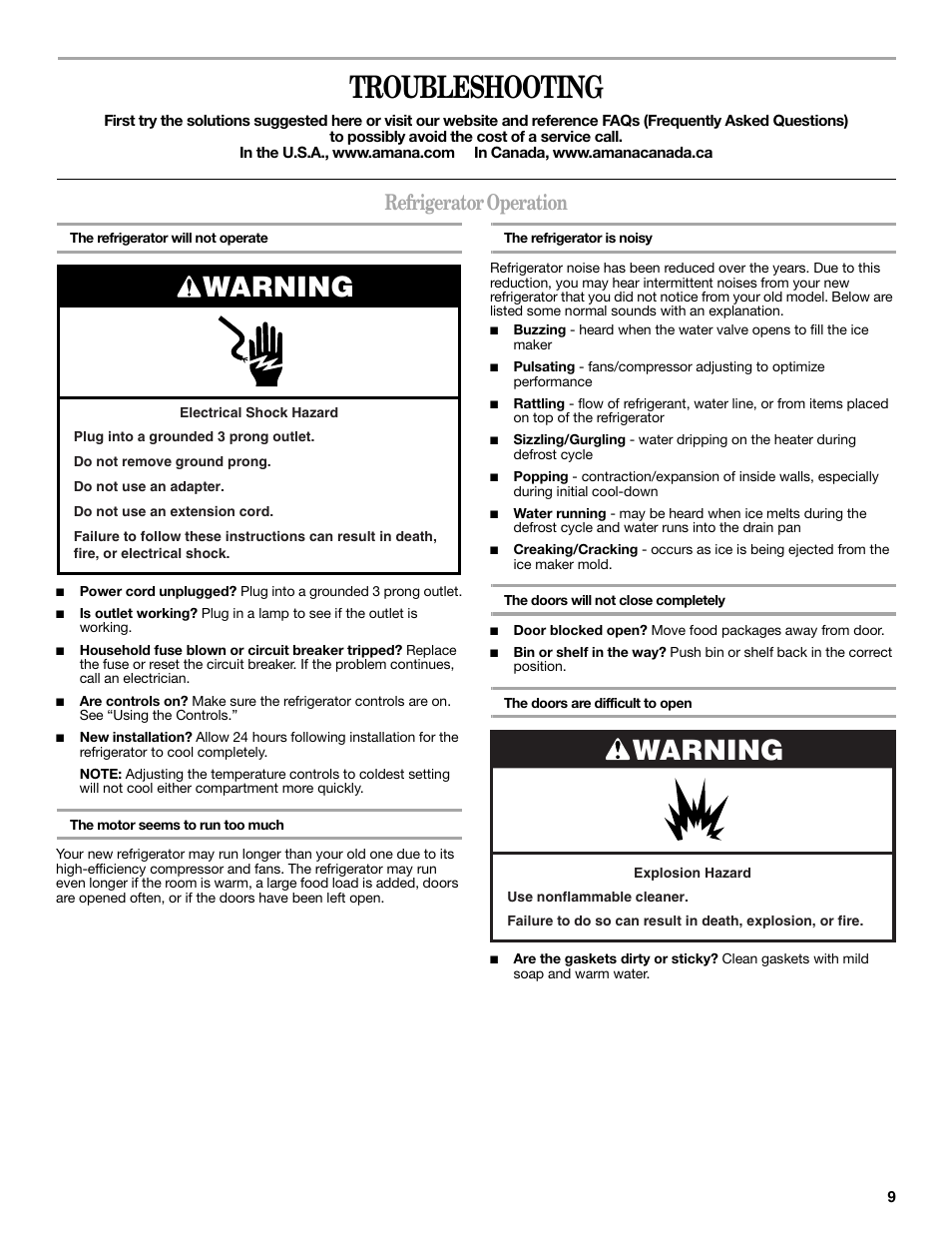 Troubleshooting, Warning, Refrigerator operation | Amana W10321485A User Manual | Page 9 / 54