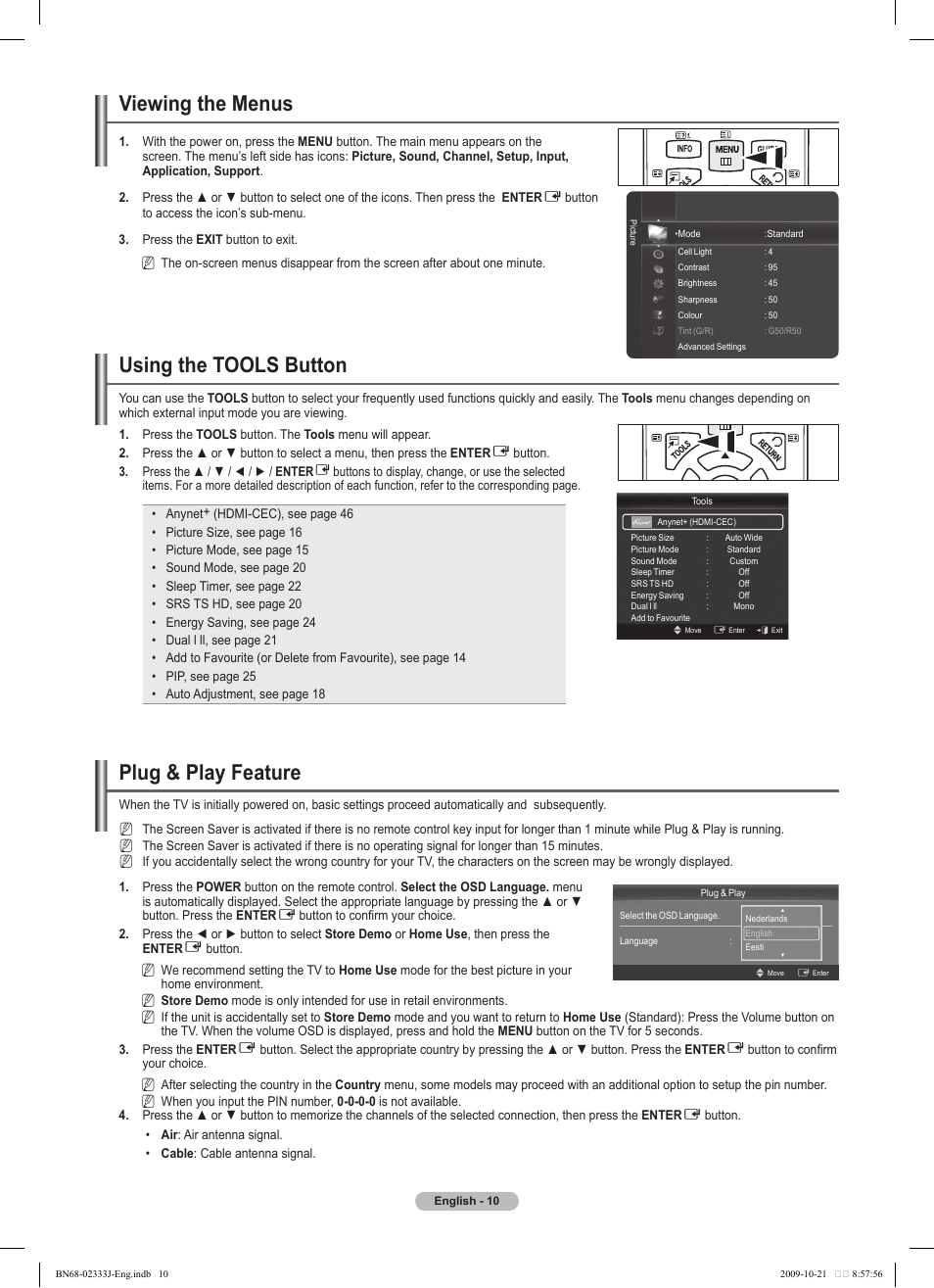 Viewing the menus, Using the tools button, Plug & play feature | Samsung PS63B680T6W User Manual | Page 10 / 648