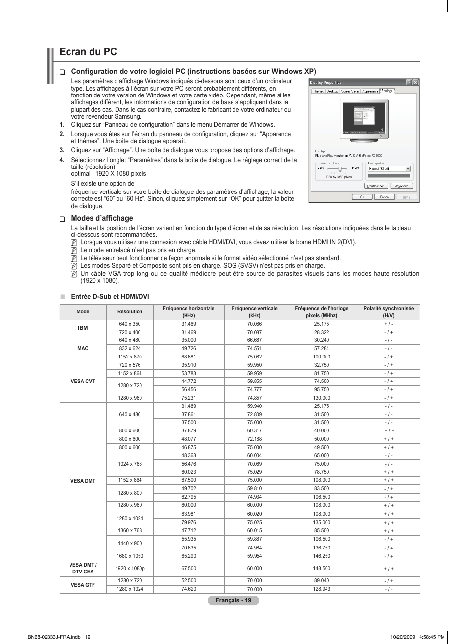 Ecran du pc, Modes d’affichage | Samsung PS63B680T6W User Manual | Page 100 / 648