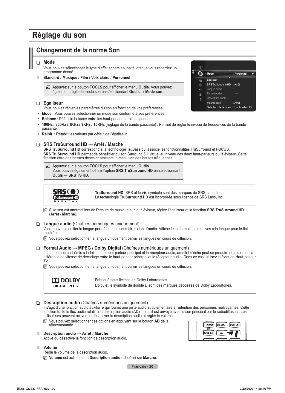 Réglage du son, Changement de la norme son | Samsung PS63B680T6W User Manual | Page 101 / 648