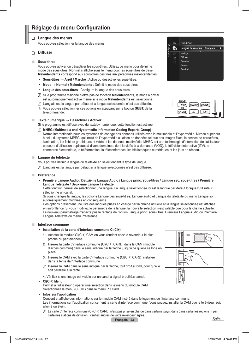 Réglage du menu configuration | Samsung PS63B680T6W User Manual | Page 104 / 648