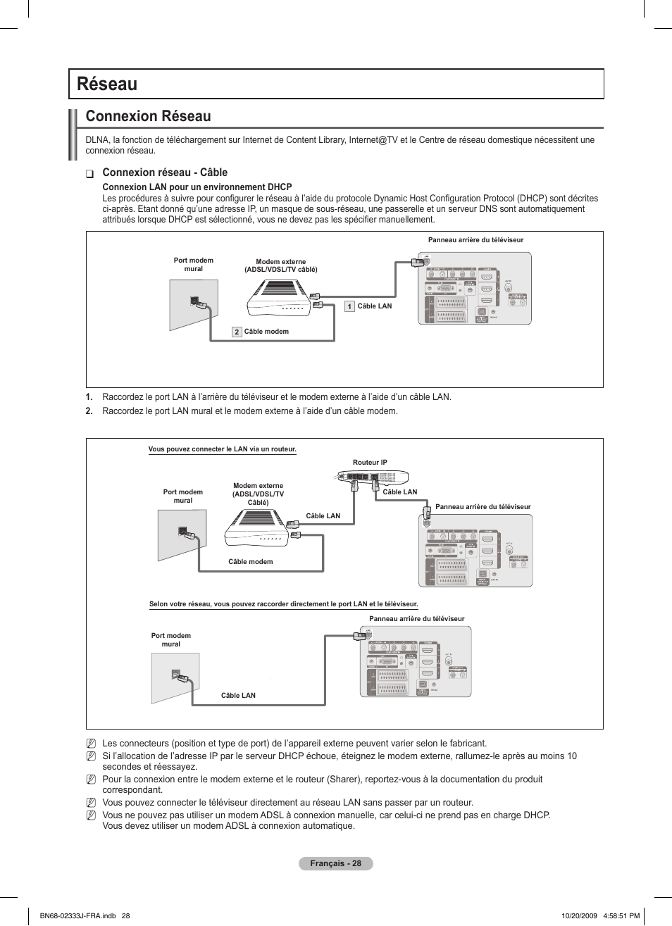 Réseau, Connexion réseau, Connexion réseau - câble | Samsung PS63B680T6W User Manual | Page 109 / 648
