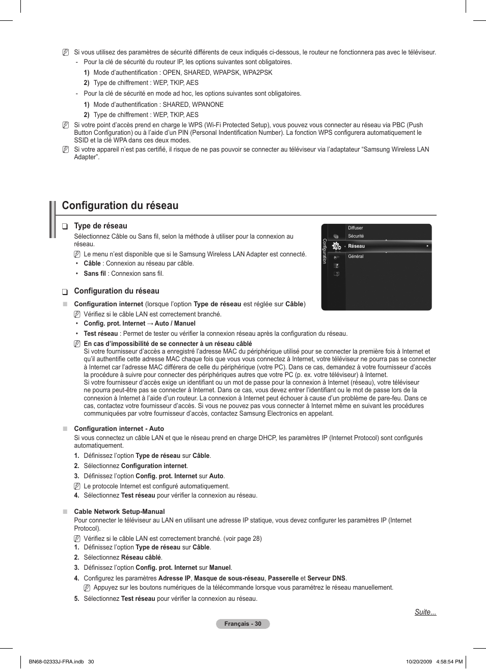 Configuration du réseau | Samsung PS63B680T6W User Manual | Page 111 / 648