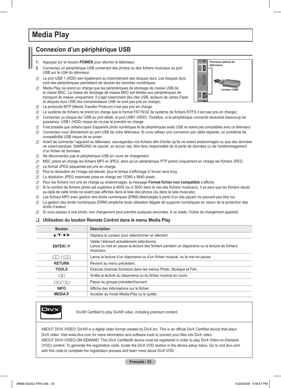 Media play, Connexion d’un périphérique usb | Samsung PS63B680T6W User Manual | Page 114 / 648