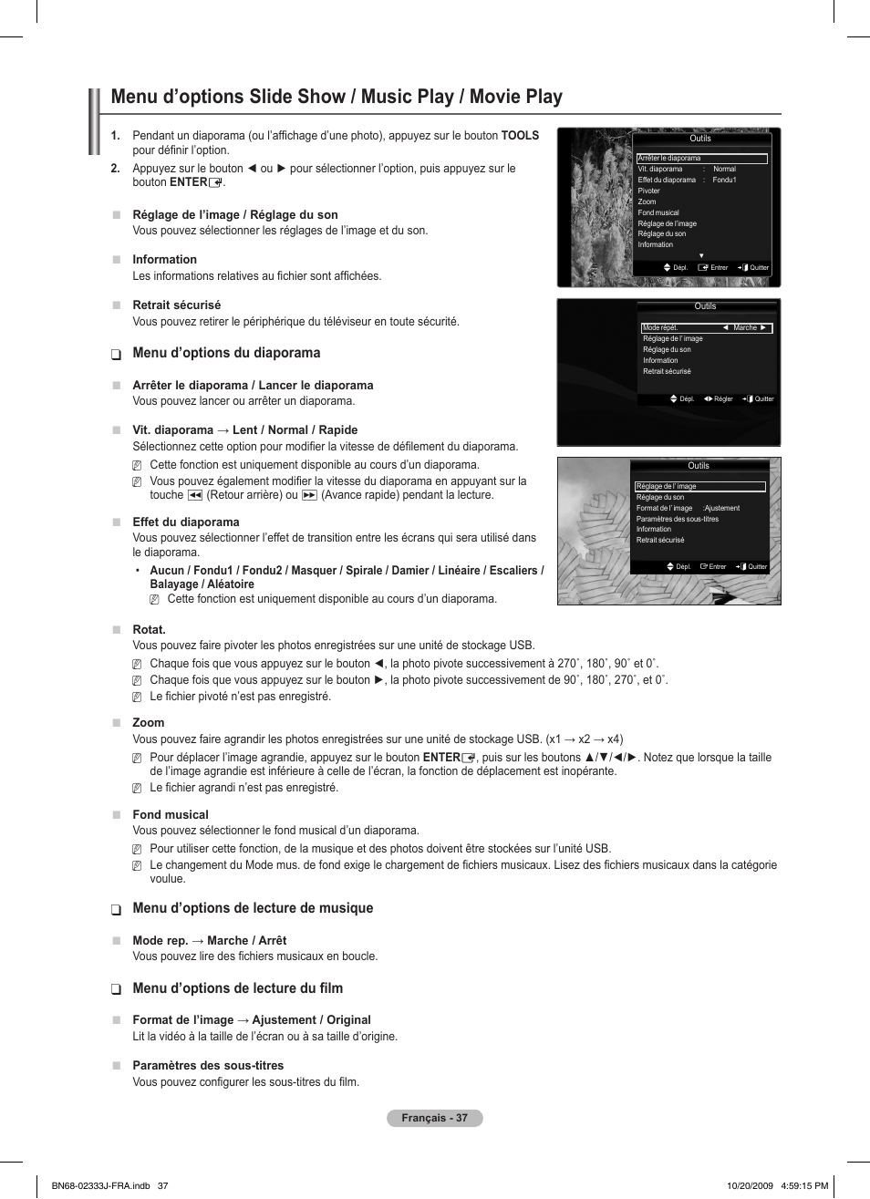 Menu d’options du diaporama, Menu d’options de lecture de musique, Menu d’options de lecture du film | Samsung PS63B680T6W User Manual | Page 118 / 648