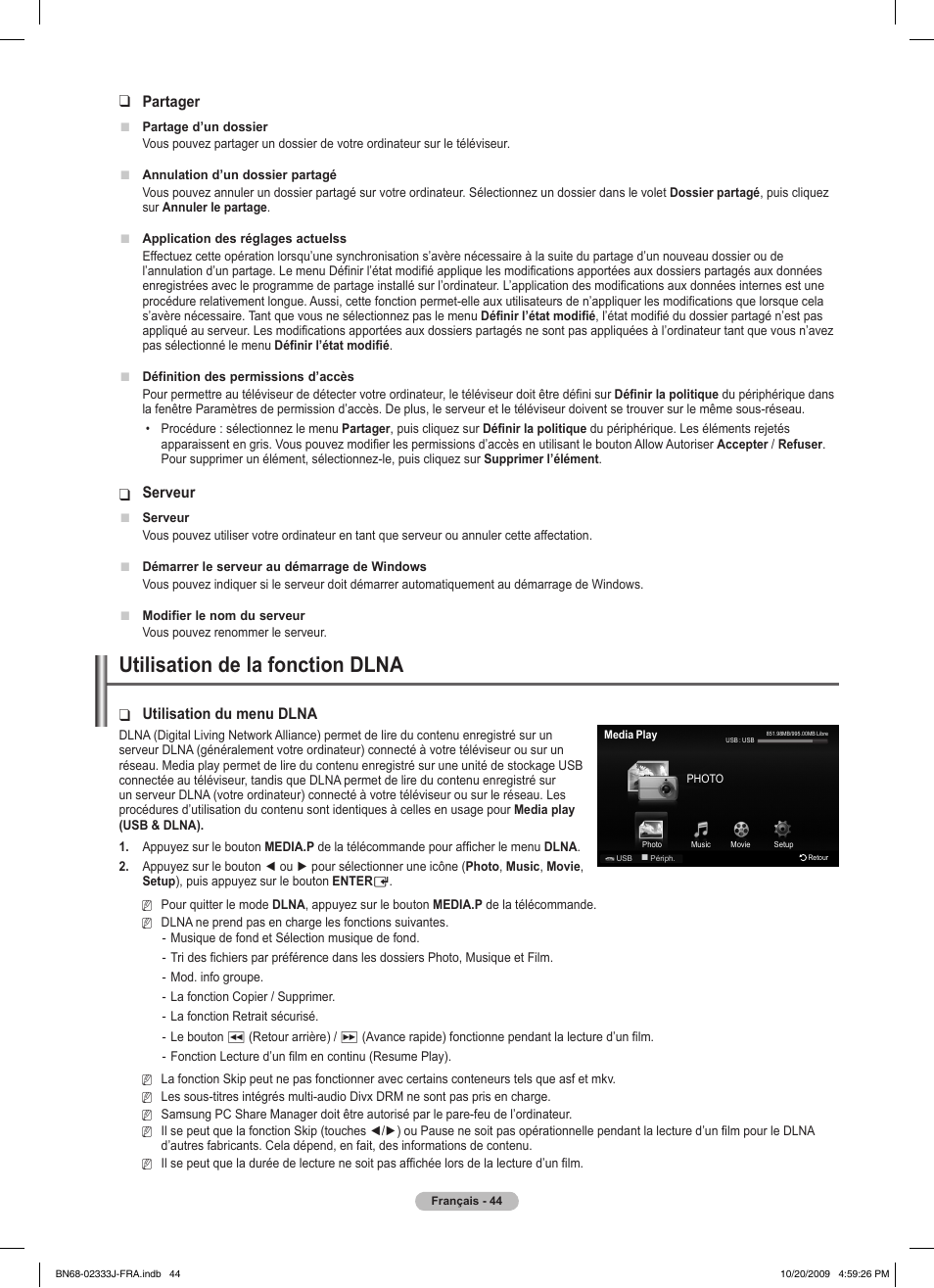 Utilisation de la fonction dlna, Partager, Serveur | Utilisation du menu dlna | Samsung PS63B680T6W User Manual | Page 125 / 648