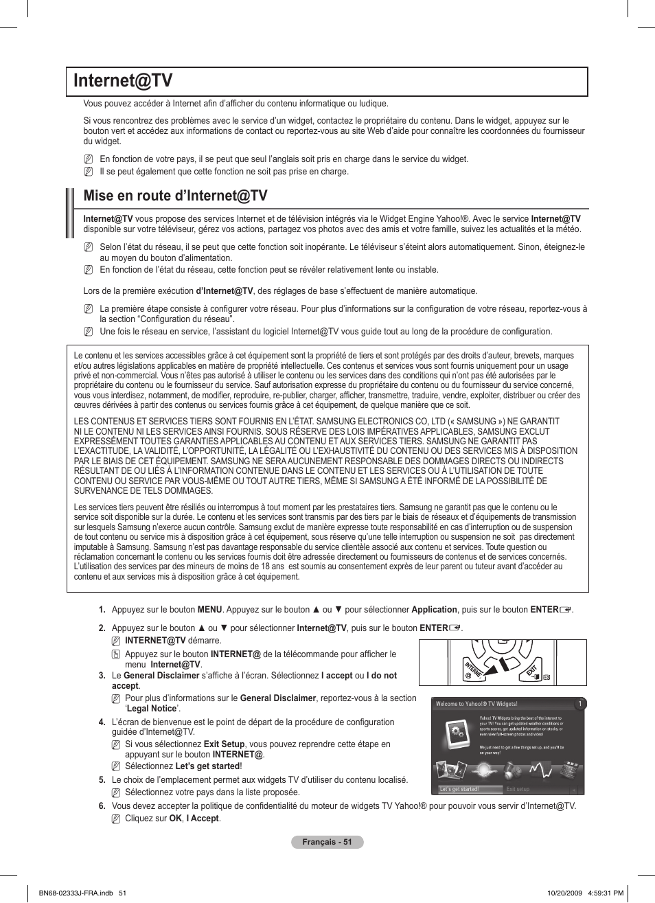 Internet@tv, Mise en route d’internet@tv | Samsung PS63B680T6W User Manual | Page 132 / 648