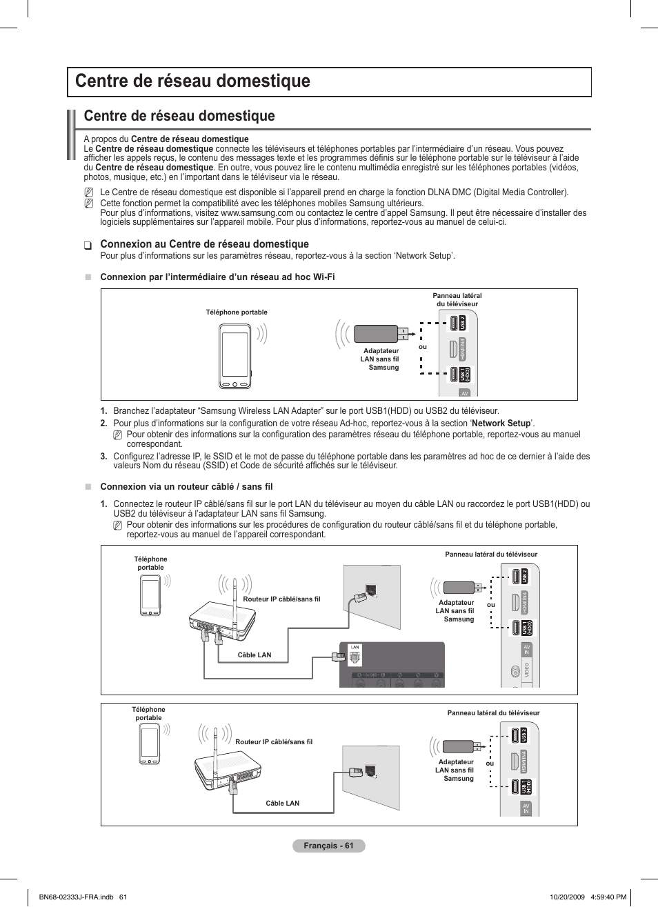 Centre de réseau domestique, Connexion au centre de réseau domestique | Samsung PS63B680T6W User Manual | Page 142 / 648