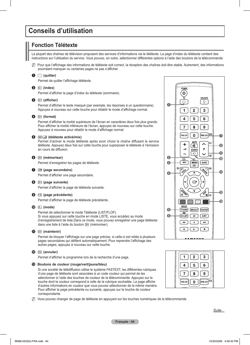 Conseils d’utilisation, Fonction télétexte | Samsung PS63B680T6W User Manual | Page 145 / 648