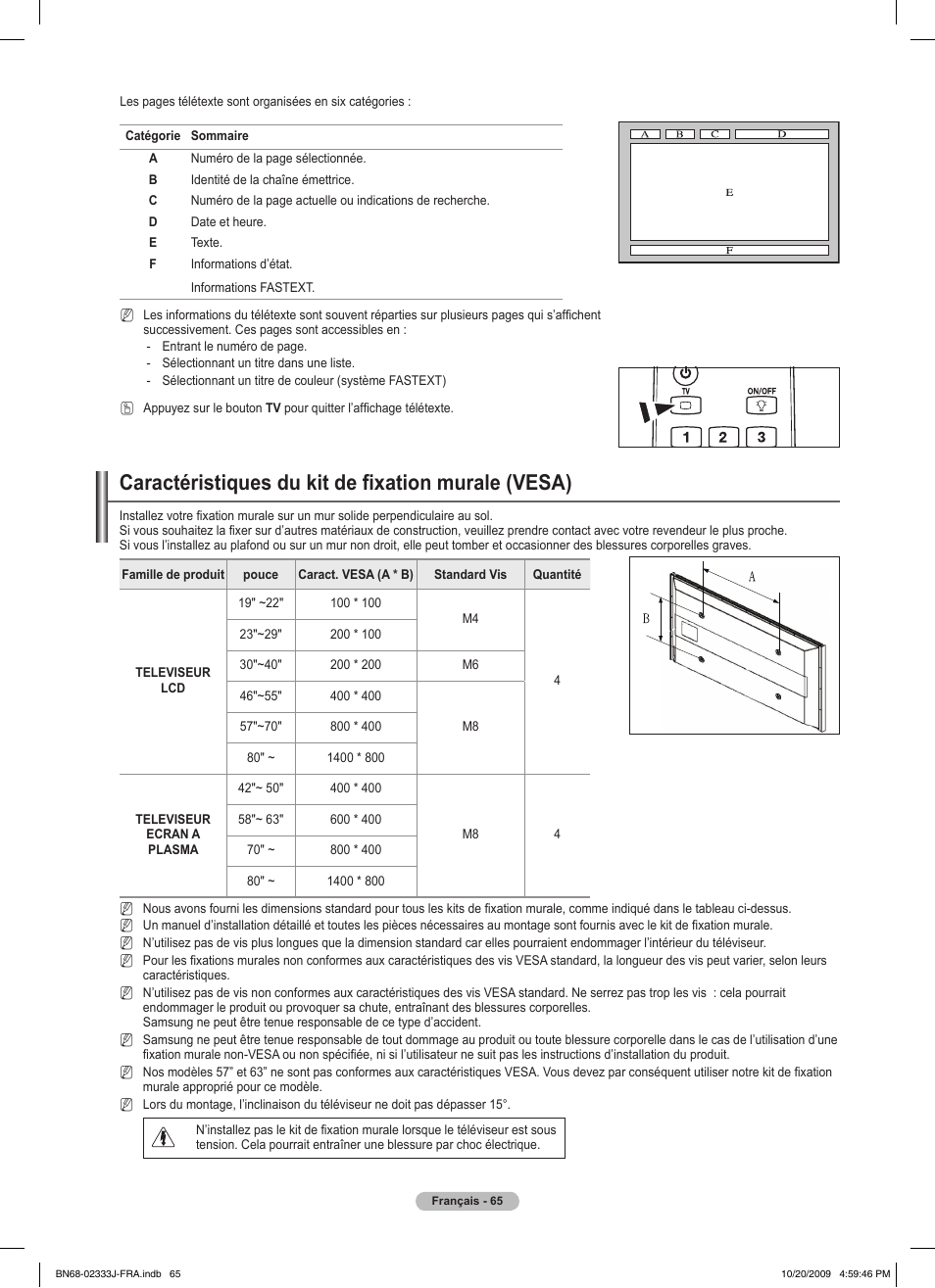 Caractéristiques du kit de fixation murale (vesa) | Samsung PS63B680T6W User Manual | Page 146 / 648