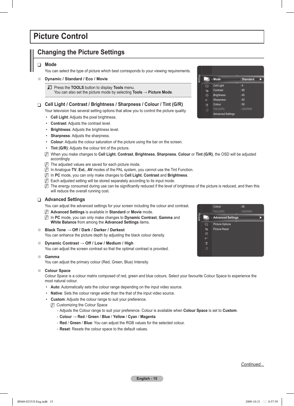 Picture control, Changing the picture settings | Samsung PS63B680T6W User Manual | Page 15 / 648