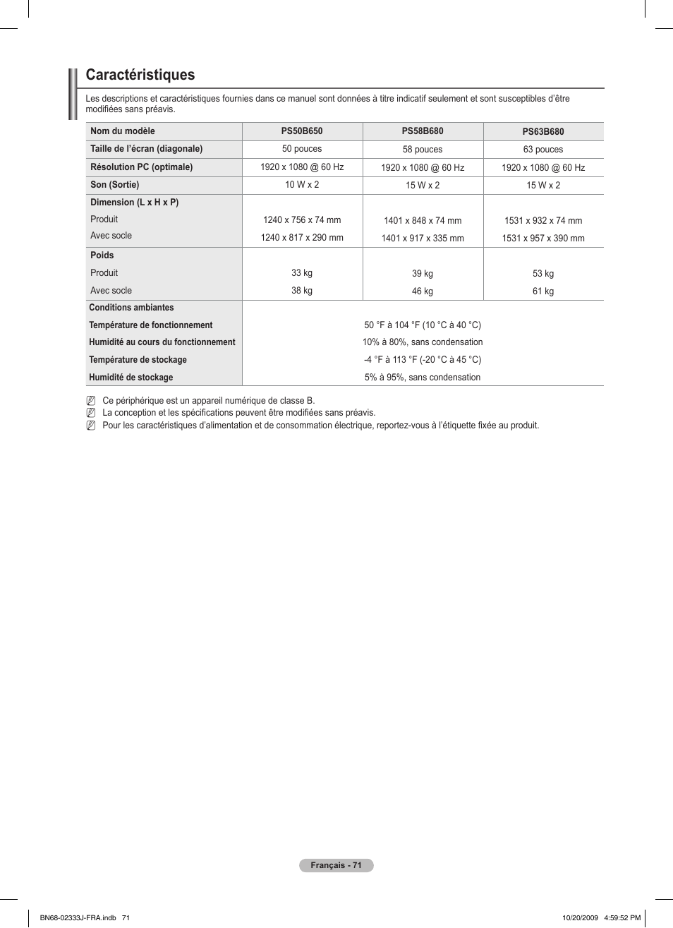 Caractéristiques | Samsung PS63B680T6W User Manual | Page 152 / 648