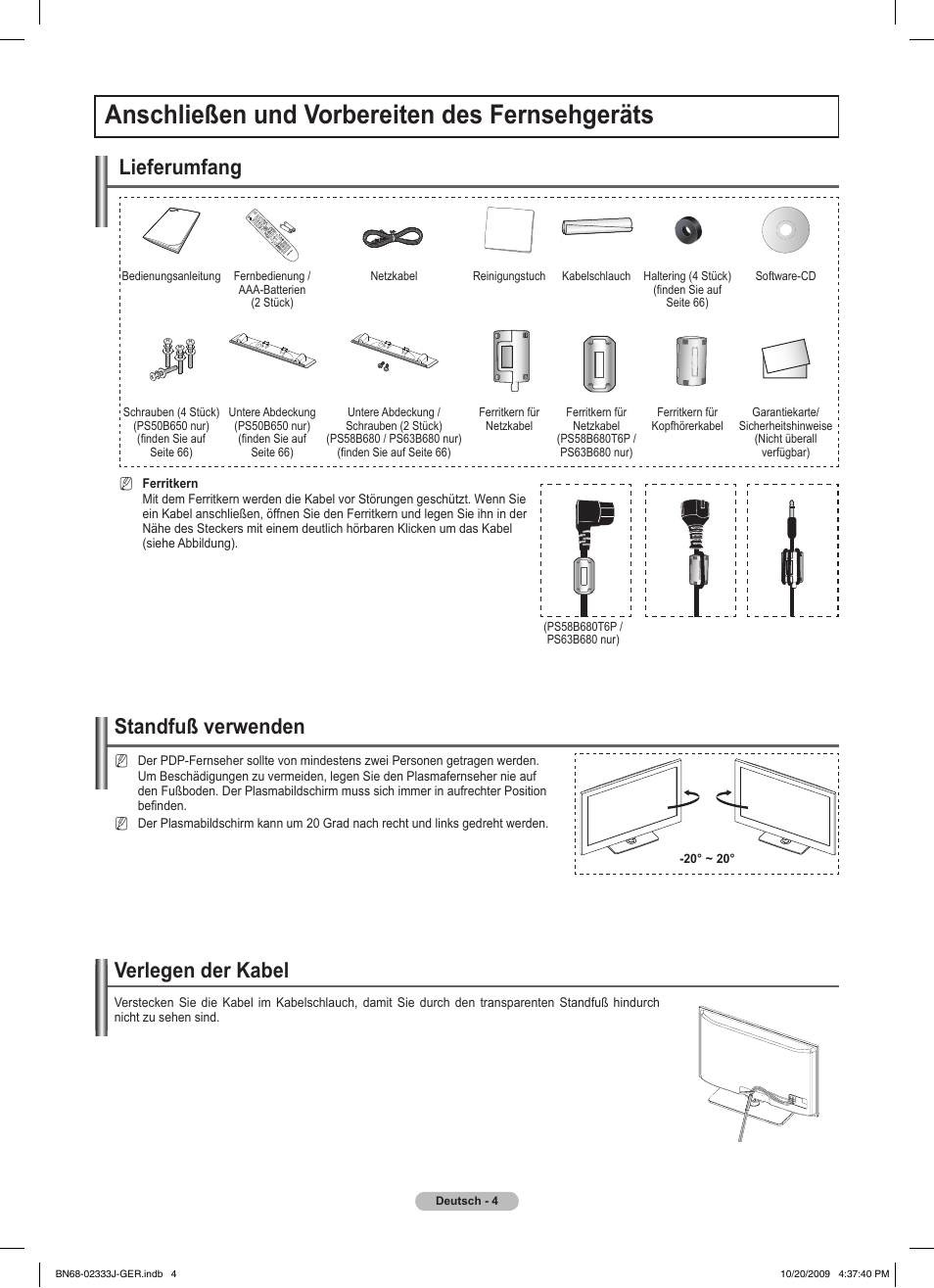 Anschließen und vorbereiten des fernsehgeräts, Verlegen der kabel, Standfuß verwenden | Lieferumfang | Samsung PS63B680T6W User Manual | Page 155 / 648