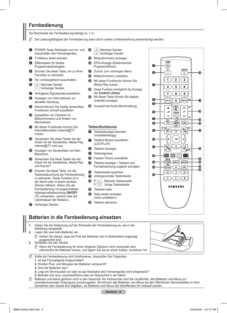 Fernbedienung, Batterien in die fernbedienung einsetzen | Samsung PS63B680T6W User Manual | Page 159 / 648