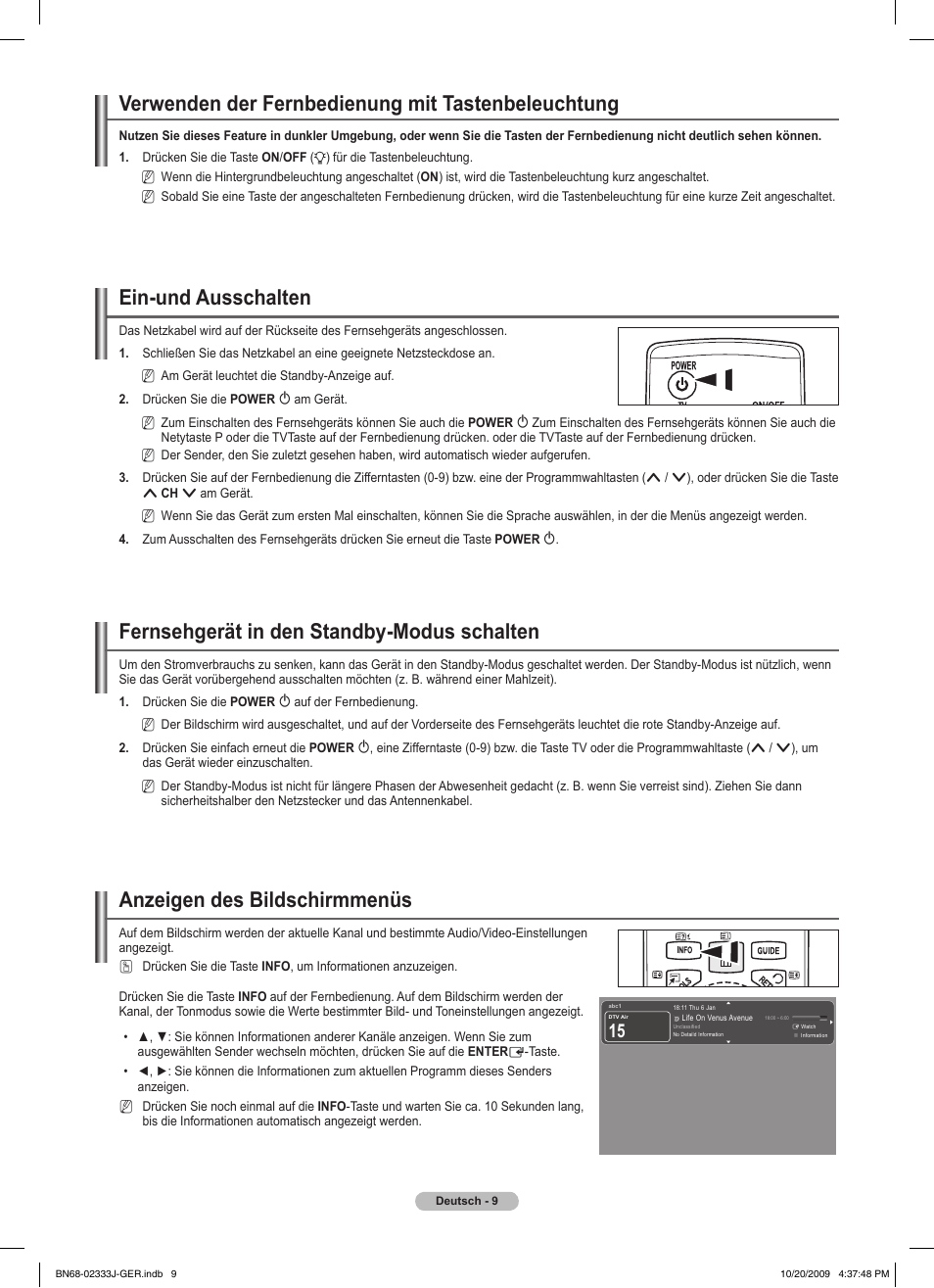 Verwenden der fernbedienung mit tastenbeleuchtung, Ein-und ausschalten, Fernsehgerät in den standby-modus schalten | Anzeigen des bildschirmmenüs | Samsung PS63B680T6W User Manual | Page 160 / 648