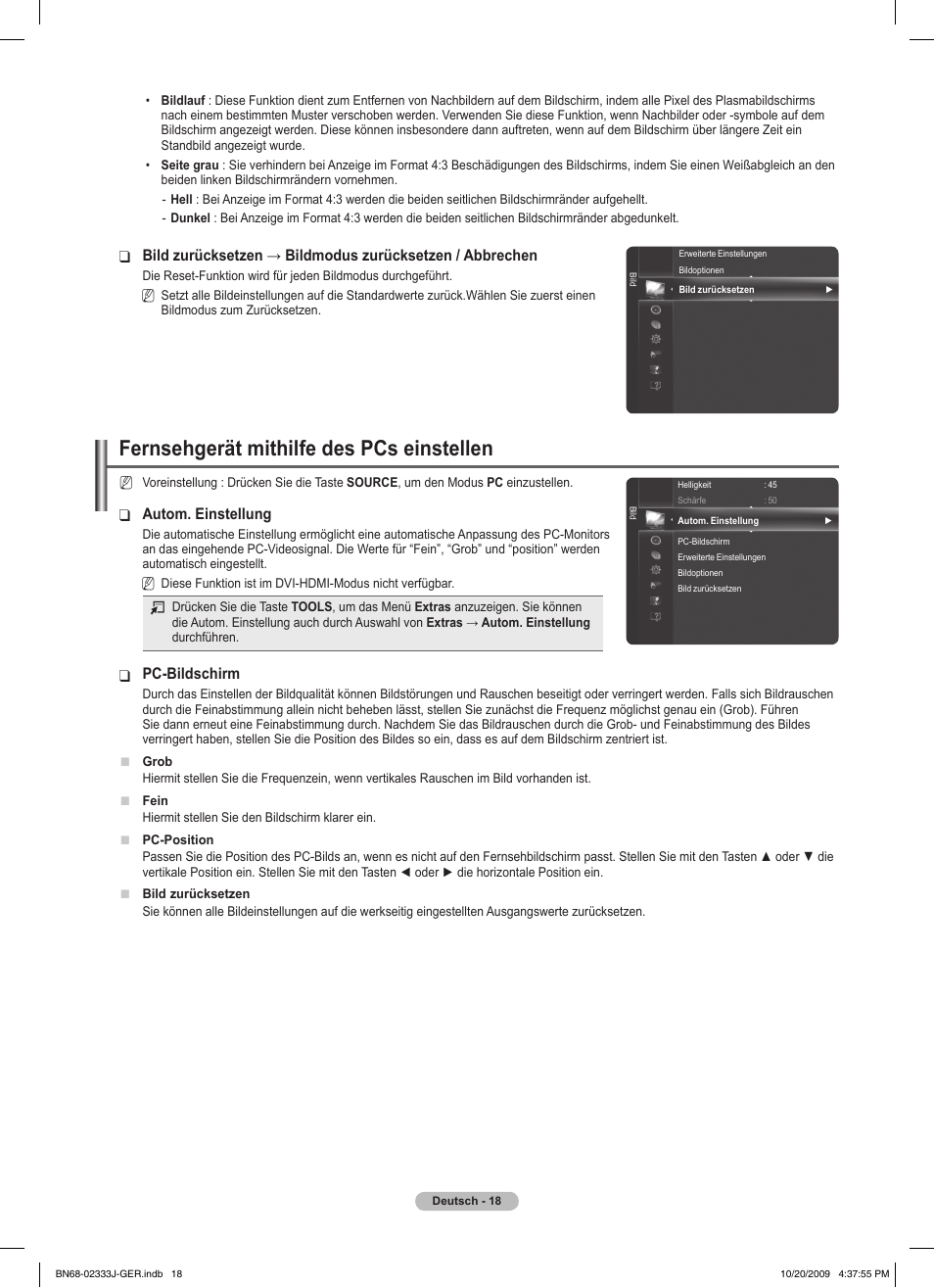 Fernsehgerät mithilfe des pcs einstellen, Autom. einstellung, Pc-bildschirm | Samsung PS63B680T6W User Manual | Page 169 / 648