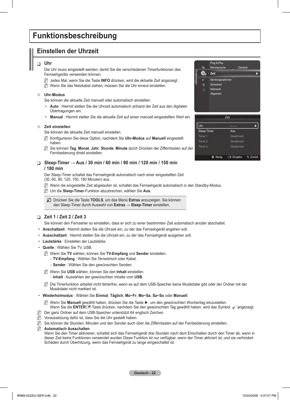 Funktionsbeschreibung, Einstellen der uhrzeit | Samsung PS63B680T6W User Manual | Page 173 / 648