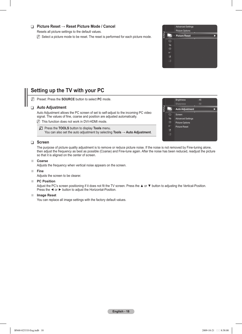 Setting up the tv with your pc, Auto adjustment, Screen | Picture reset → ❑ reset picture mode / cancel | Samsung PS63B680T6W User Manual | Page 18 / 648