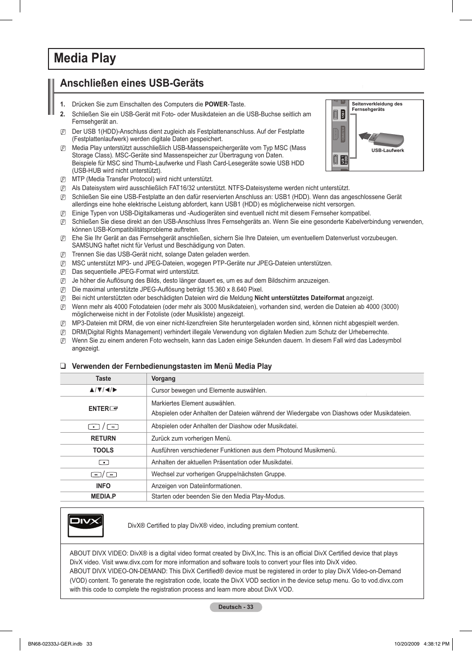 Media play, Anschließen eines usb-geräts | Samsung PS63B680T6W User Manual | Page 184 / 648