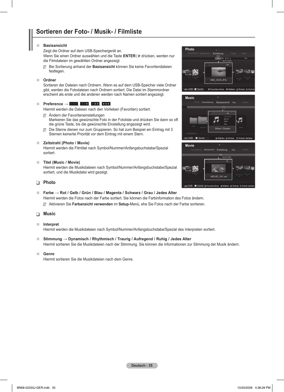 Sortieren der foto- / musik- / filmliste, Photo, Music | Basisansicht, Interpret | Samsung PS63B680T6W User Manual | Page 186 / 648