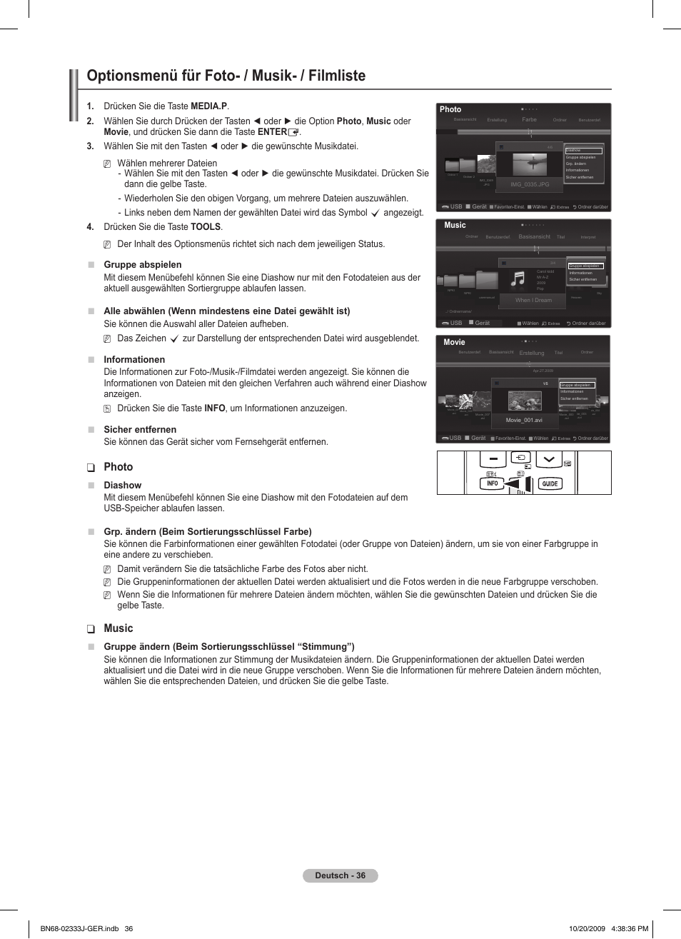 Optionsmenü für foto- / musik- / filmliste, Photo, Music | Gruppe abspielen, Diashow, Gelbe taste | Samsung PS63B680T6W User Manual | Page 187 / 648
