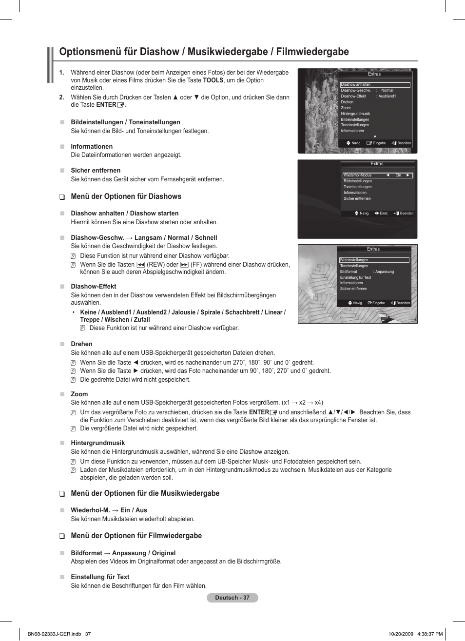 Menü der optionen für diashows, Menü der optionen für die musikwiedergabe, Menü der optionen für filmwiedergabe | Samsung PS63B680T6W User Manual | Page 188 / 648