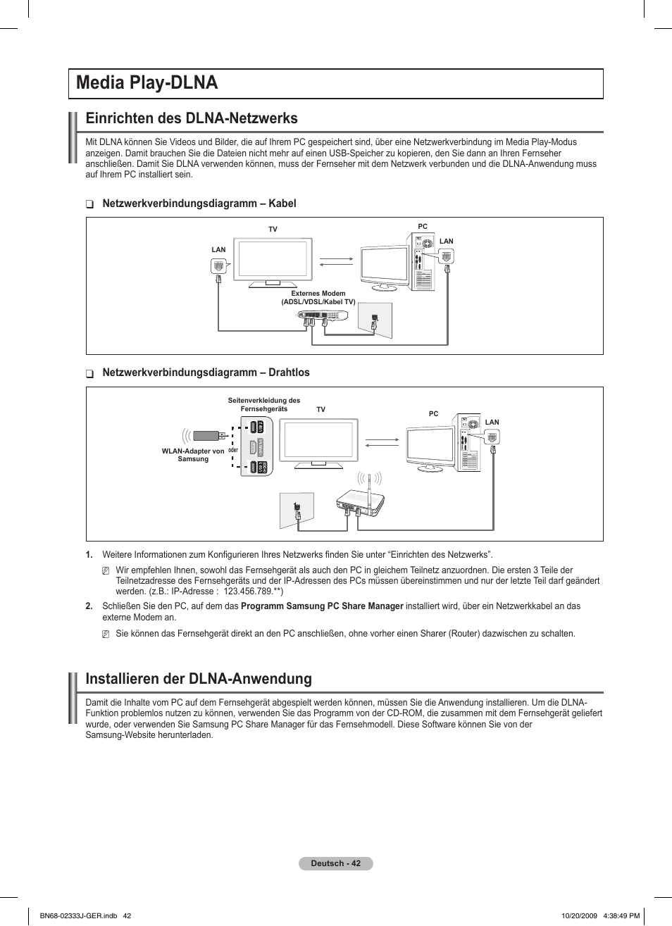 Media play-dlna, Einrichten des dlna-netzwerks, Installieren der dlna-anwendung | Samsung PS63B680T6W User Manual | Page 193 / 648