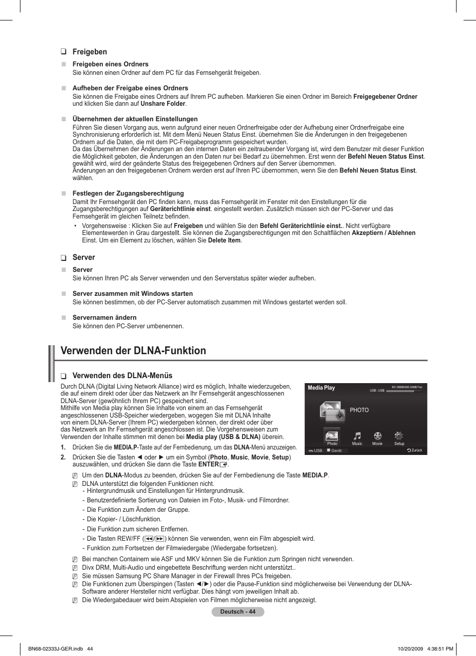 Verwenden der dlna-funktion, Freigeben, Server | Verwenden des dlna-menüs | Samsung PS63B680T6W User Manual | Page 195 / 648