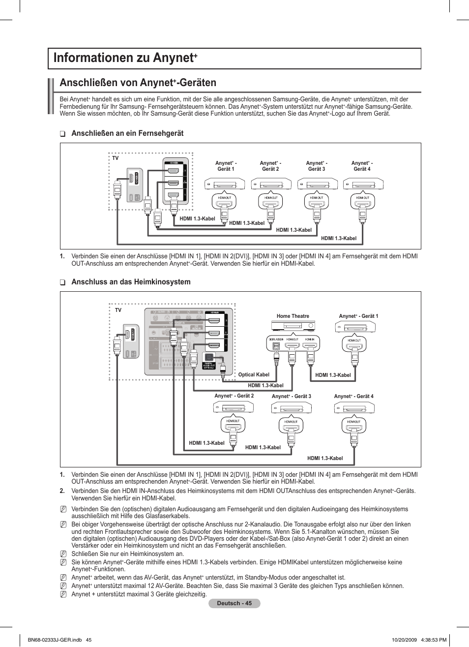 Informationen zu anynet, Anschließen von anynet, Geräten | Anschließen an ein fernsehgerät, Anschluss an das heimkinosystem | Samsung PS63B680T6W User Manual | Page 196 / 648