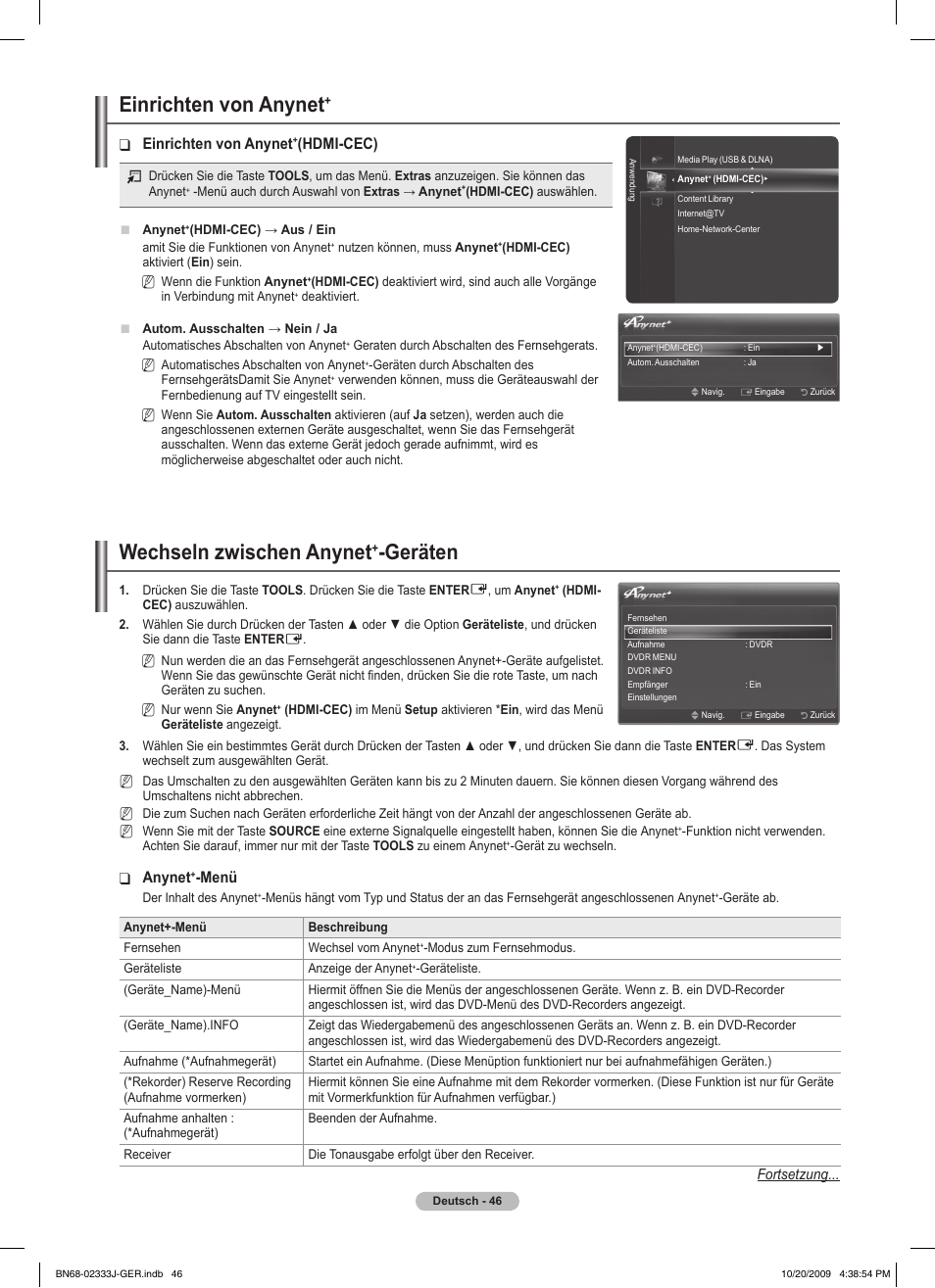 Einrichten von anynet, Wechseln zwischen anynet, Geräten | Hdmi-cec), Anynet, Menü | Samsung PS63B680T6W User Manual | Page 197 / 648