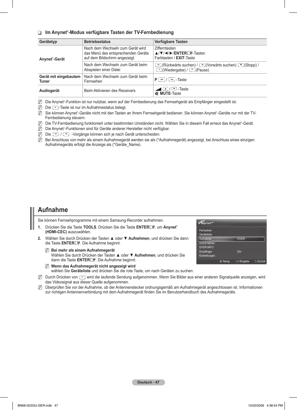 Aufnahme, Im anynet, Modus verfügbare tasten der tv-fernbedienung | Samsung PS63B680T6W User Manual | Page 198 / 648